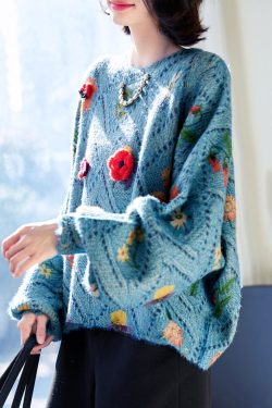 Floral Blue O-Neck Hollow Out Knit Sweaters Fall