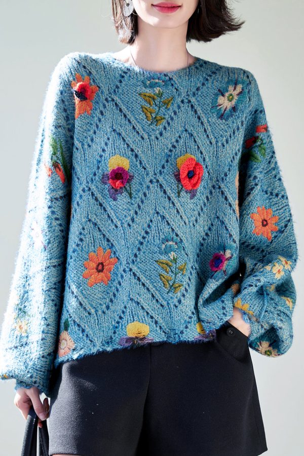 Floral Blue O-Neck Hollow Out Knit Sweaters Fall
