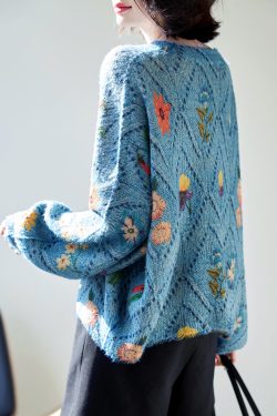 Floral Blue O-Neck Hollow Out Knit Sweaters Fall