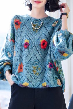 Floral Blue O-Neck Hollow Out Knit Sweaters Fall