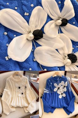 Floral Blue O Neck Nail Bead Knit Sweater Spring