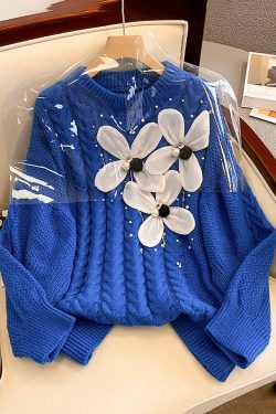 Floral Blue O Neck Nail Bead Knit Sweater Spring