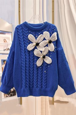 Floral Blue O Neck Nail Bead Knit Sweater Spring