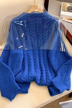 Floral Blue O Neck Nail Bead Knit Sweater Spring