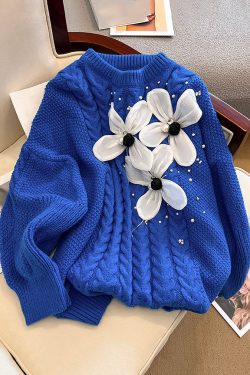 Floral Blue O Neck Nail Bead Knit Sweater Spring