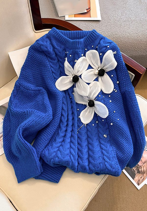 Floral Blue O Neck Nail Bead Knit Sweater Spring