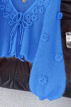 Floral Blue V Neck Lace Up Cozy Knit Cardigans Fall