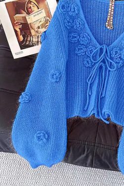 Floral Blue V Neck Lace Up Cozy Knit Cardigans Fall