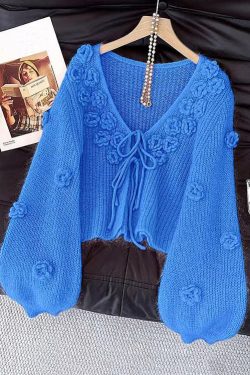 Floral Blue V Neck Lace Up Cozy Knit Cardigans Fall