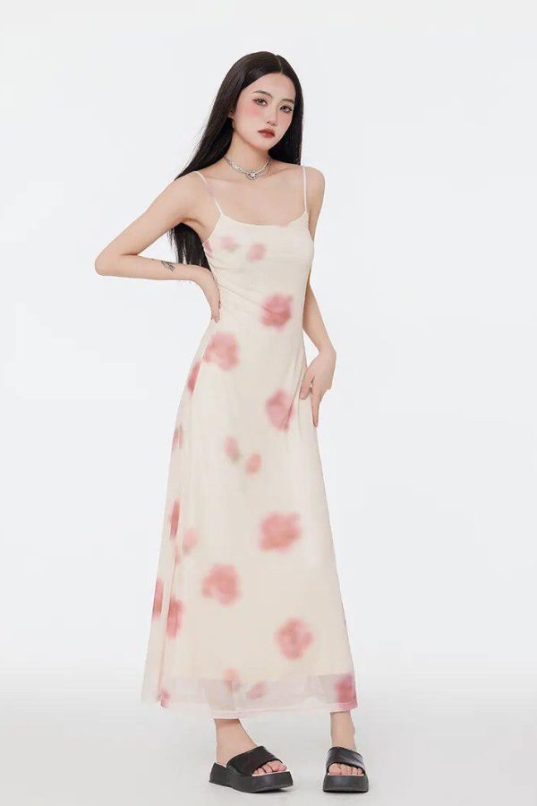 Floral Mesh Spaghetti Strap Maxi Dress