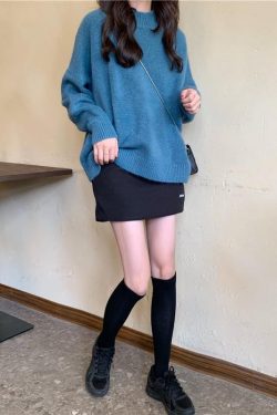 For Spring blue sweater tops high neck plus size knit sweat tops