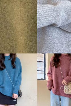 For Spring blue sweater tops high neck plus size knit sweat tops