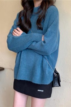 For Spring blue sweater tops high neck plus size knit sweat tops