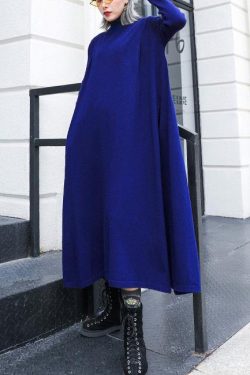 For Work blue Sweater dress Design high neck large hem Art fall knit dress