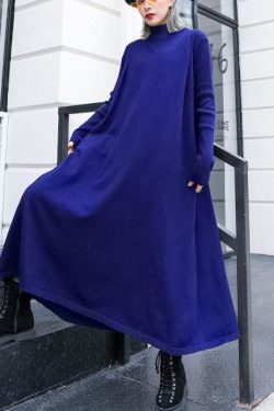 For Work blue Sweater dress Design high neck large hem Art fall knit dress
