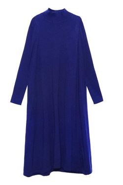 For Work blue Sweater dress Design high neck large hem Art fall knit dress