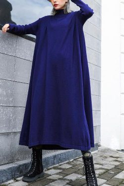 For Work blue Sweater dress Design high neck large hem Art fall knit dress