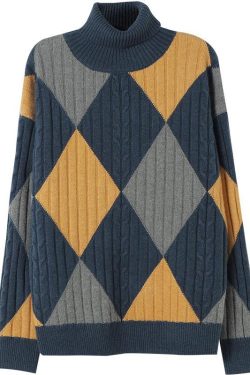 For Work Gray Blue Plaid Sweater Tops High Neck Oversized Sweaters