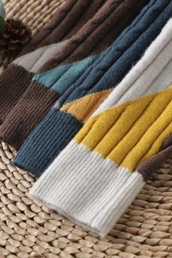 For Work Gray Blue Plaid Sweater Tops High Neck Oversized Sweaters