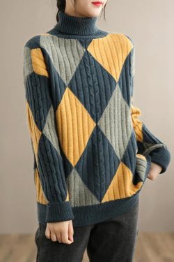 For Work Gray Blue Plaid Sweater Tops High Neck Oversized Sweaters