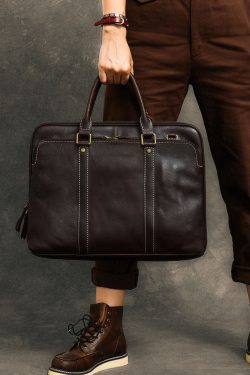 Formal Chocolate Solid Color Calf Leather Computer Package Tote Handbag