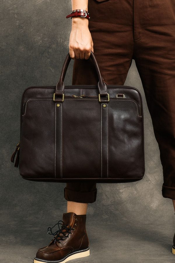 Formal Chocolate Solid Color Calf Leather Computer Package Tote Handbag