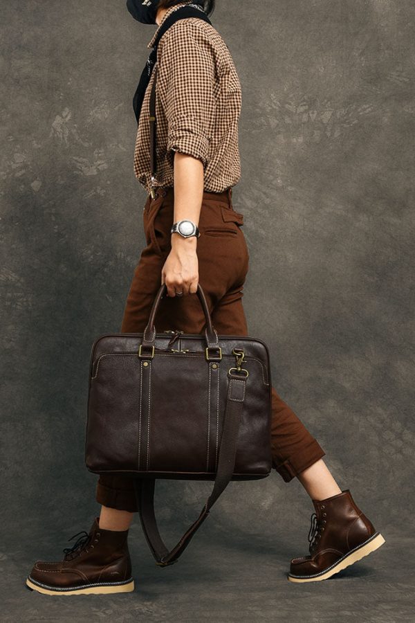 Formal Chocolate Solid Color Calf Leather Computer Package Tote Handbag