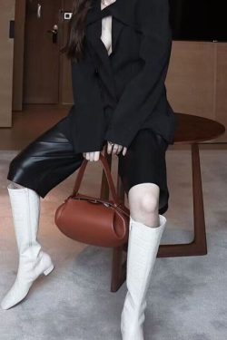 French Black Ellipse Solid Durable Faux Leather Tote Handbag