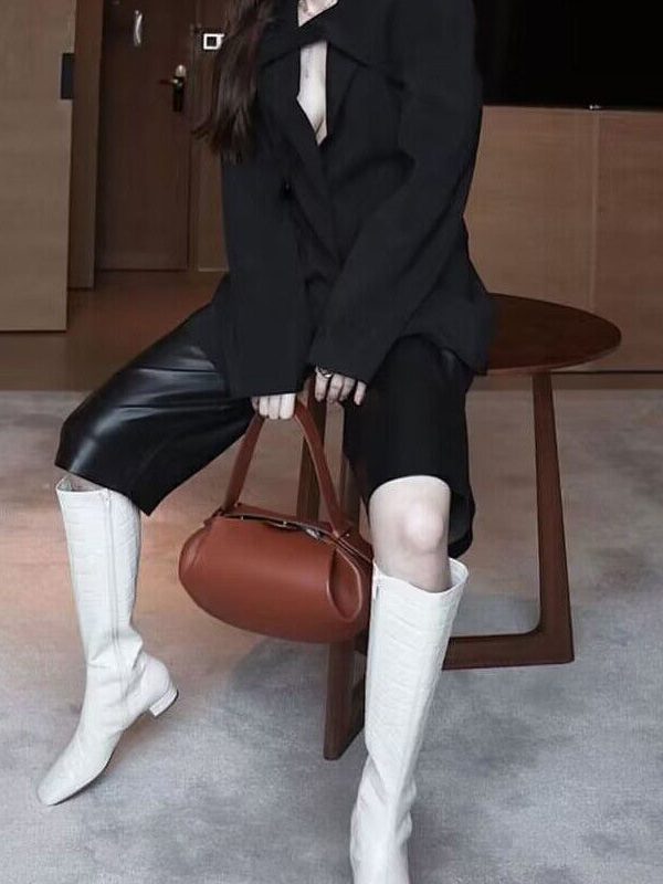 French Black Ellipse Solid Durable Faux Leather Tote Handbag