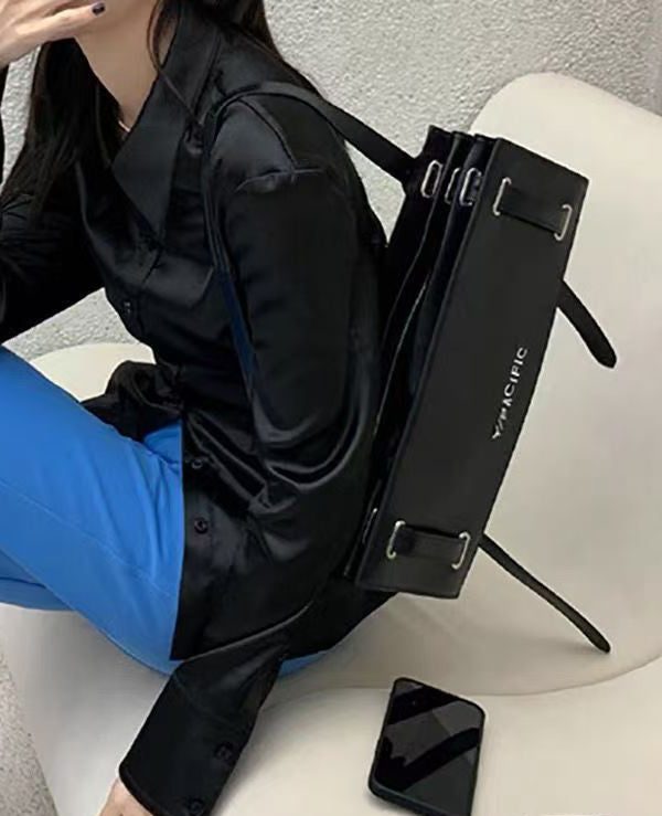 French Black Solid Durable Calf Leather Versatile Satchel Handbag