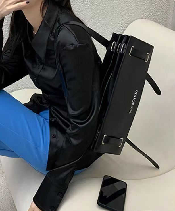 French Black Solid Durable Calf Leather Versatile Satchel Handbag French Black Solid Durable Calf Leather Versatile Satchel Handbag