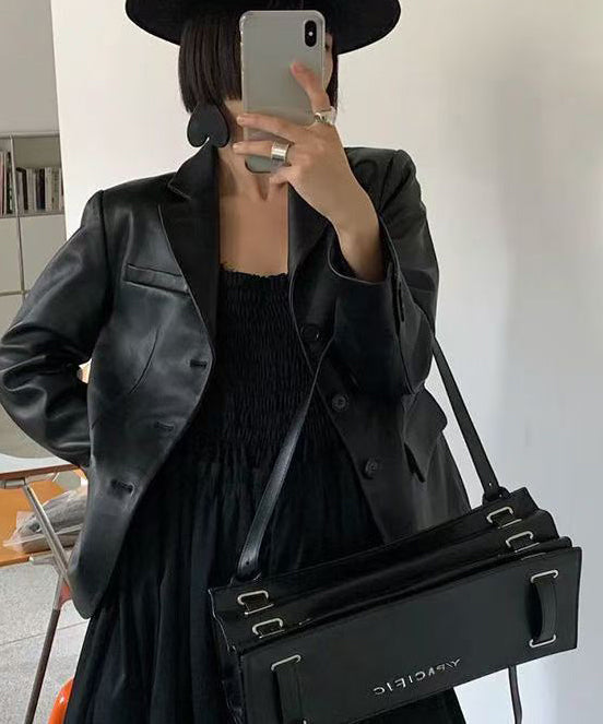 French Black Solid Durable Calf Leather Versatile Satchel Handbag French Black Solid Durable Calf Leather Versatile Satchel Handbag