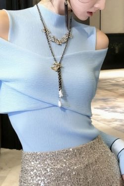 French Blue Cold Shoulder Patchwork Knitted Sweater Tops Spring
