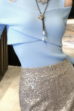 French Blue Cold Shoulder Patchwork Knitted Sweater Tops Spring