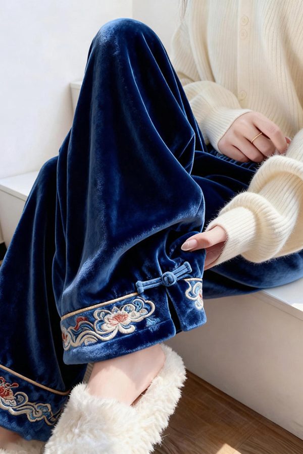 French Blue Embroidered Button Silk Velvet Pants Spring