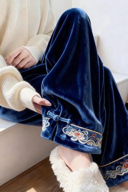 French Blue Embroidered Button Silk Velvet Pants Spring