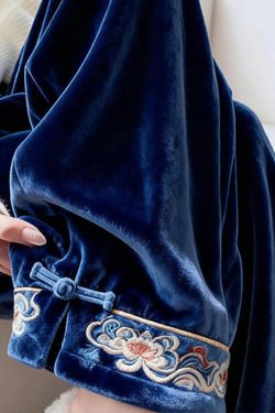 French Blue Embroidered Button Silk Velvet Pants Spring