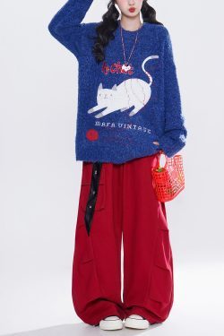 French Blue Embroidered Cute Cat Knit Tops Winter