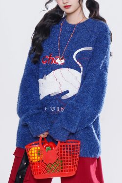 French Blue Embroidered Cute Cat Knit Tops Winter