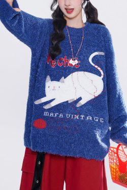 French Blue Embroidered Cute Cat Knit Tops Winter