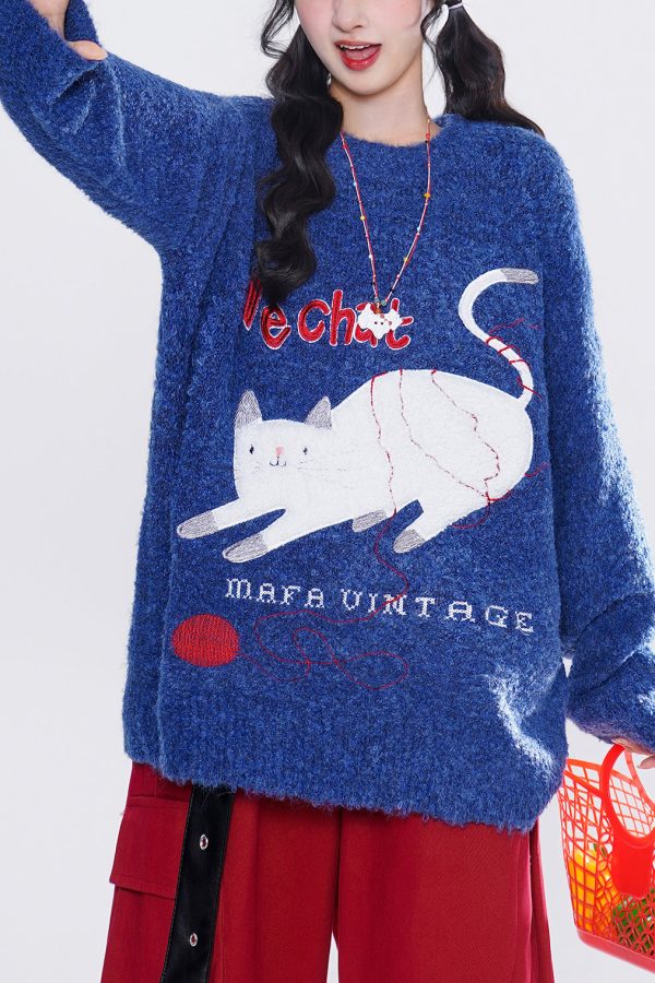 French Blue Embroidered Cute Cat Knit Tops Winter
