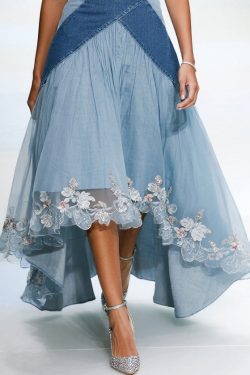 French Blue Exra Large Hem Patchwork Tulle Denim Dress Summer