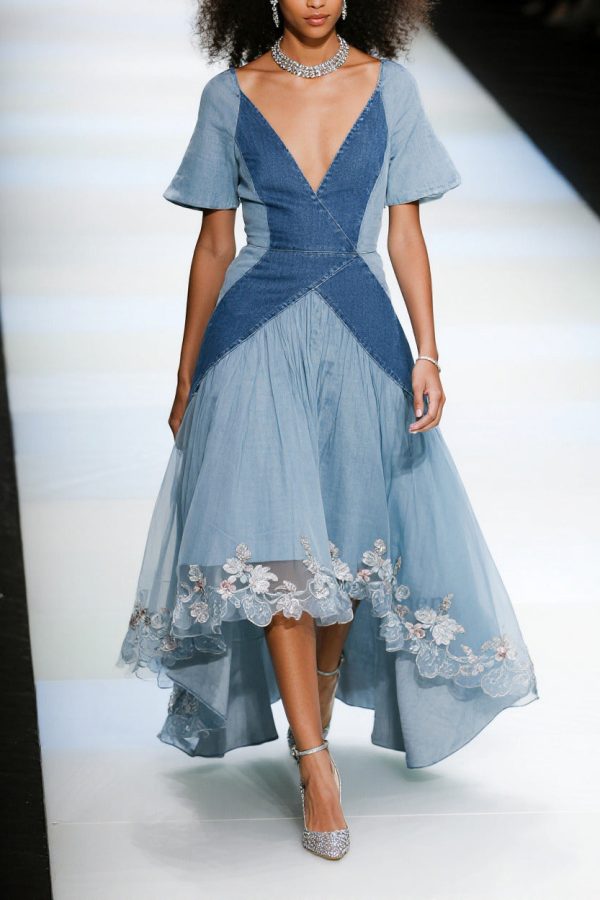 French Blue Exra Large Hem Patchwork Tulle Denim Dress Summer