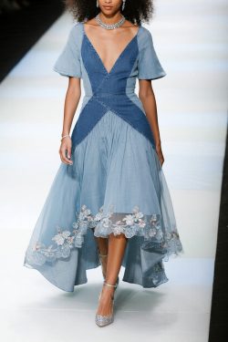 French Blue Exra Large Hem Patchwork Tulle Denim Dress Summer