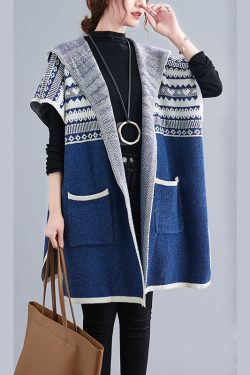 French Blue hooded Casual side open Short Sleeve Fall Knit sweaters Coat