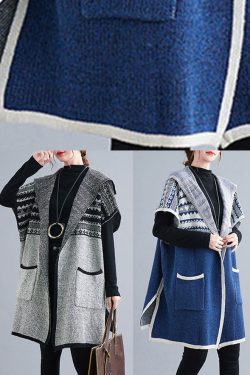 French Blue hooded Casual side open Short Sleeve Fall Knit sweaters Coat