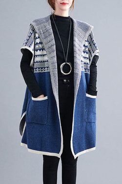 French Blue hooded Casual side open Short Sleeve Fall Knit sweaters Coat