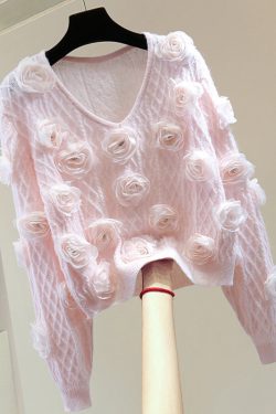 French Blue O-Neck Floral Zircon Cotton Knit Sweater Winter