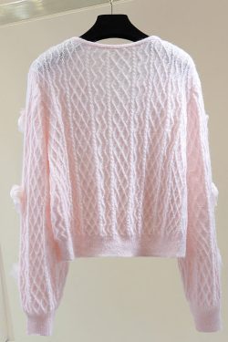 French Blue O-Neck Floral Zircon Cotton Knit Sweater Winter