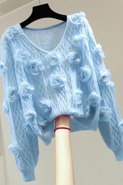 French Blue O-Neck Floral Zircon Cotton Knit Sweater Winter